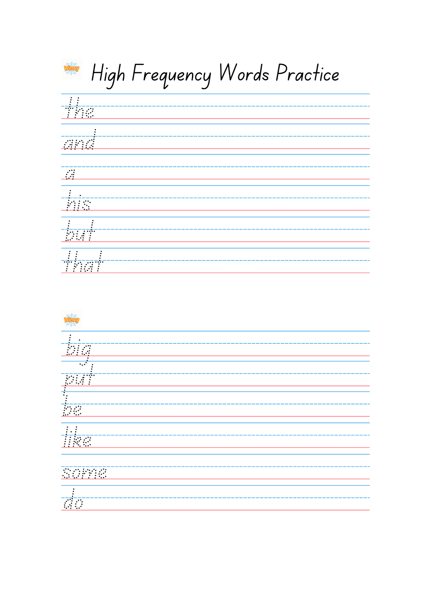 High Frequency Words Writing Practice Worksheets